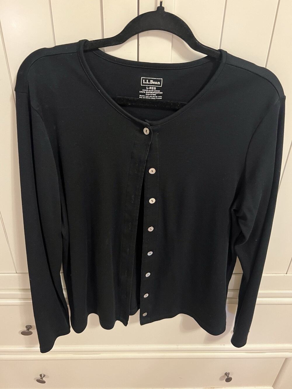 L.L.Bean Supima Cotton V-Neck Button Front Cardigan Black Women’s L Regular